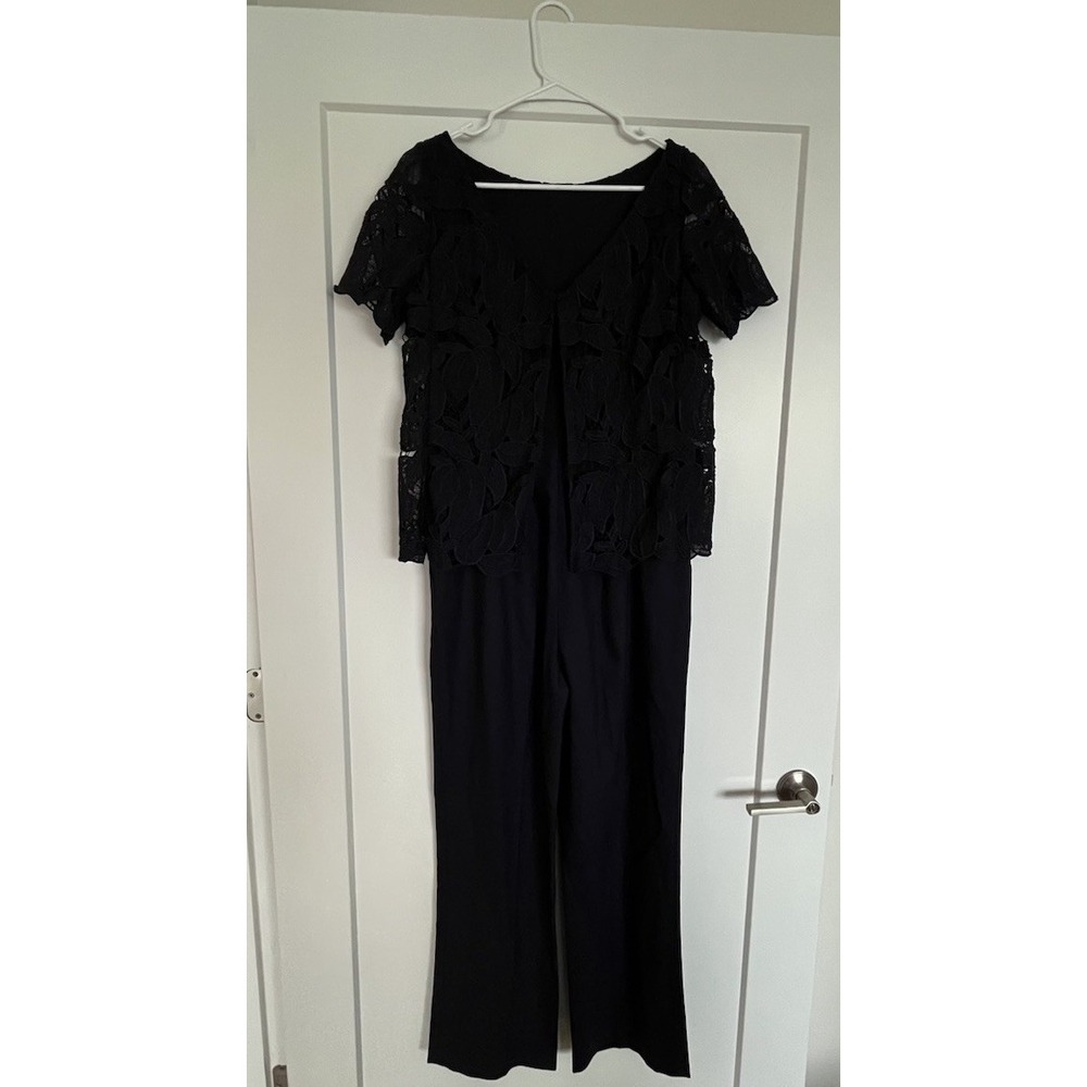 Tory Burch Avalon Jumpsuit Navy Blue Wool Blend Lace Overlay Size 6